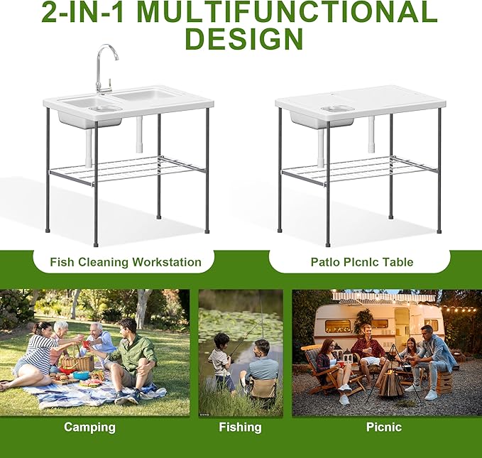 THUNDERBAY Portable Folding Fish Game Cleaning Camp Table Heavy Duty 40''Fillet Table with Double Sink and Faucet