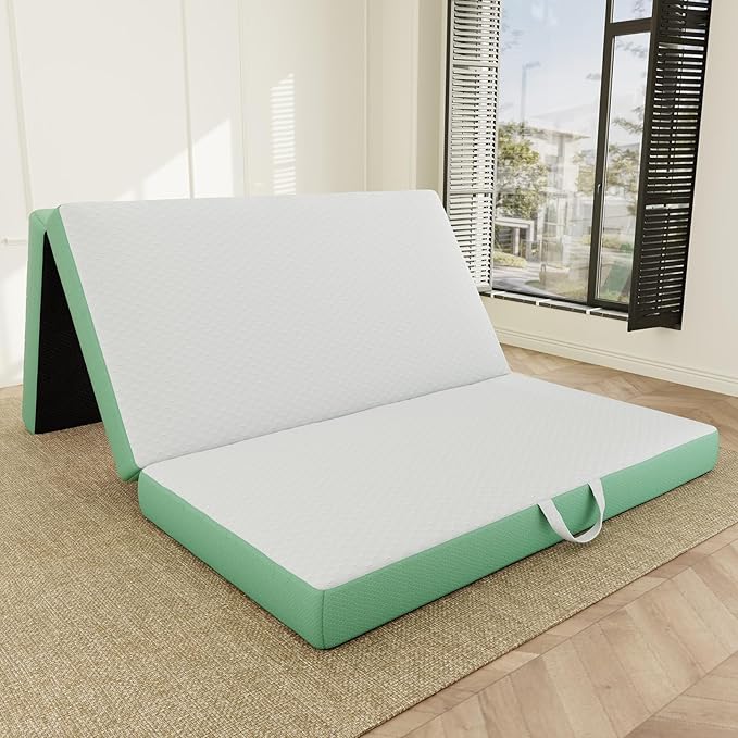 Memory Foam Trifold Mattress, Queen Portable Floor Bed 4 Inch, Foldable Mat with Washable Cover, Handle & Non-Slip Bottom, for RV, Travel, Camping, Yoga, 78"x58"x4", White Green