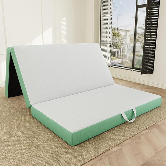 Memory Foam Trifold Mattress, Queen Portable Floor Bed 4 Inch, Foldable Mat with Washable Cover, Handle & Non-Slip Bottom, for RV, Travel, Camping, Yoga, 78"x58"x4", White Green
