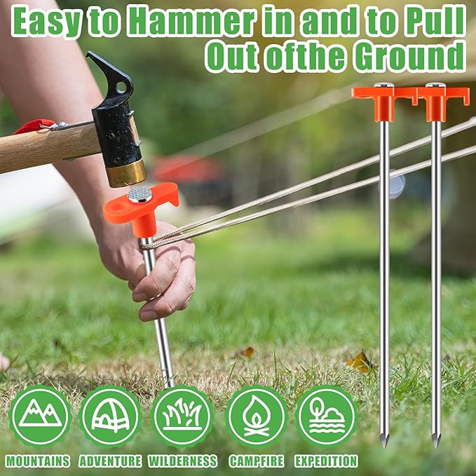 20 Pack Tent Stakes,10 Inch Heavy Duty Metal Tent Pegs,Tent Pegs Camping Stakes,Non-Rust Ground Stakes Tent Spikes for Outdoor Camping Garden,with 2 Pcs 10FT Ropes(Orange)