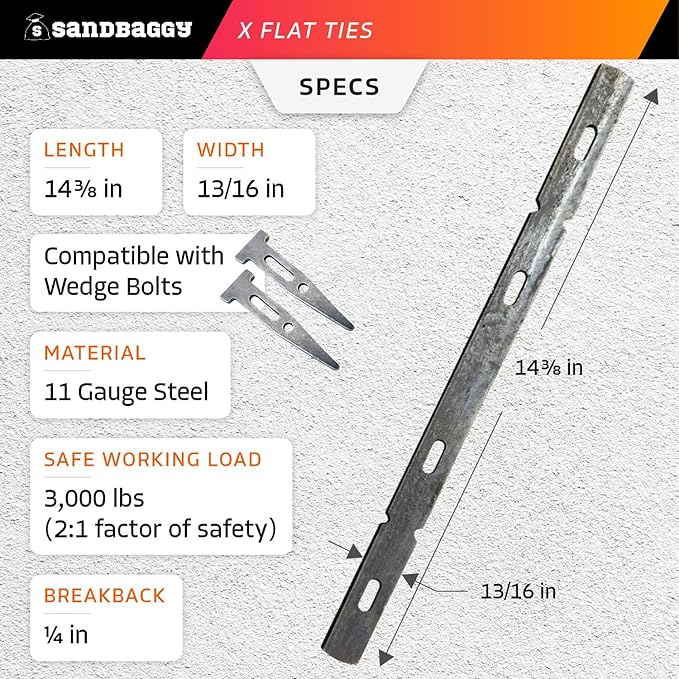 Sandbaggy X Flat Ties for Concrete Forms - 11 Gauge Steel - Compatible with Standard Wedge Bolts - Space and Secure Modular Concrete Forms (300, 0.82" x 14.38")
