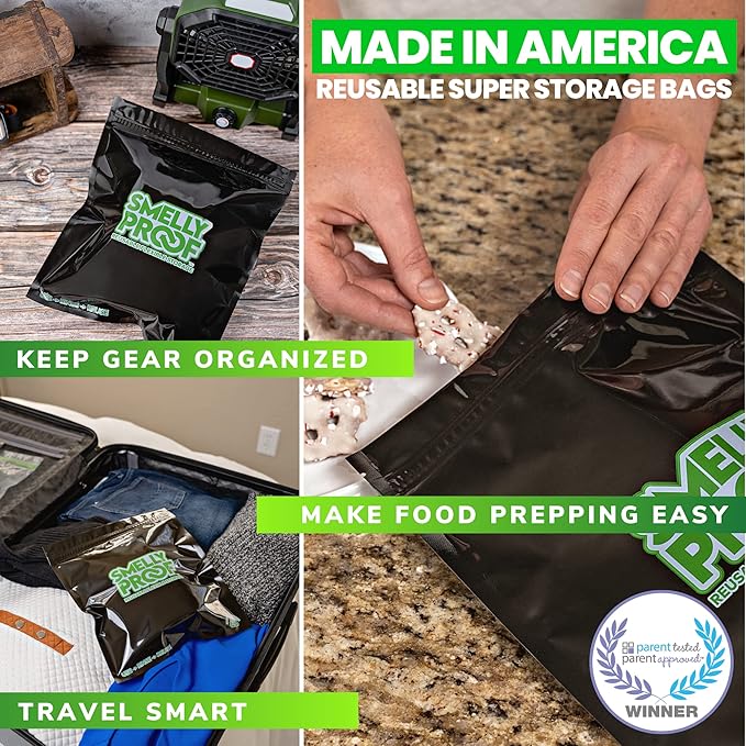 Smelly Proof Reusable Food Storage Bags, Black Quart 8.5” x 10” 4-Mil Thick, Reusable Freezer Bags, Washable Reusable Storage Bags, BPA-Free, No PEVA, Non-Silicone US-Made, 10-Pack