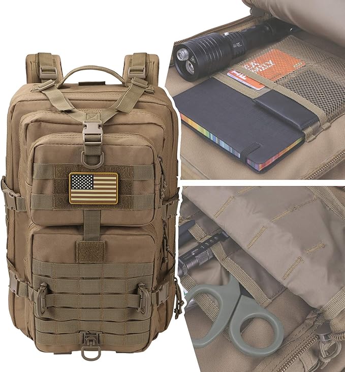 MOLLE Assault Pack, Tactical Backpack Military Army Camping Rucksack, 3-Day Pack Trip w/USA Flag Patch, D-Rings, Coyote
