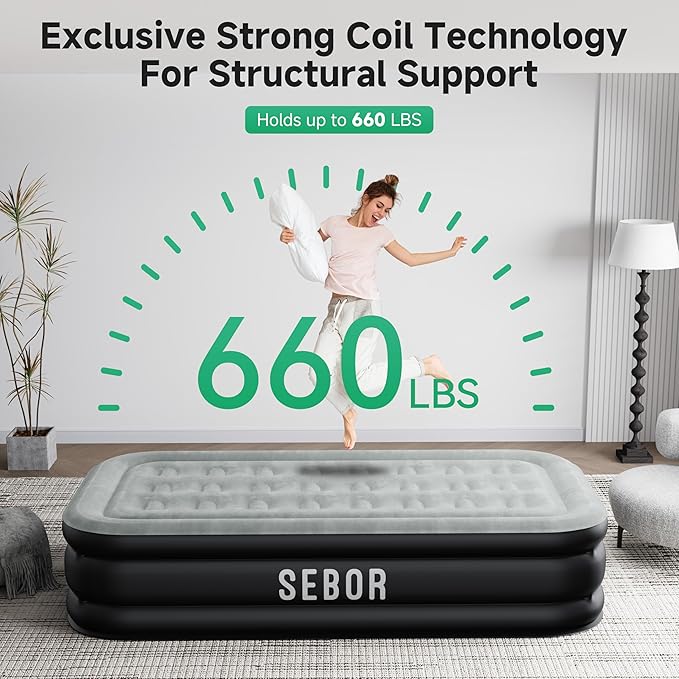 Sebor Air Mattress Twin with Built-in Pump 18", Comfortable Self-Inflating Air Mattress with High-Speed Pump, Durable Blow Up Mattress Twin with Storage Bag for Guests, Camping, Travel