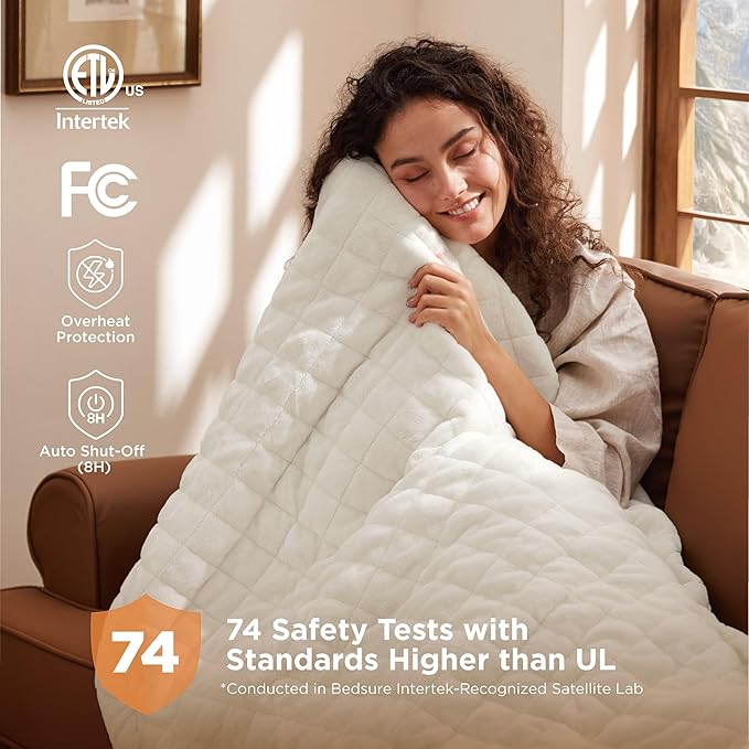 Bedsure Electric Blanket Twin - Quilted Heated Blanket Twin Size, Soft Flannel Thick Heating Blanket with 10 Time Settings & 6 Heat Settings, Warm Gifts for Women Men (62x84 inches, Ivory)