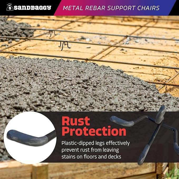 Sandbaggy 2 inch Metal Rebar Support Chairs - Plastic Dipped Legs - Rebar #3 to #5 - Concrete Wire Mesh Stands, Seat for Footings, Slabs, Walls (100, 2")