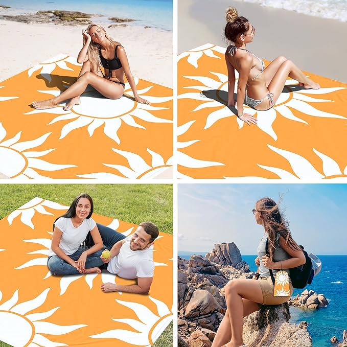 Beach Blanket, Waterproof Sandproof Beach Blanket with 4 Stakes & Pockets, 78''×86'' Lightweight Outdoor Picnic Blanket for Travel, Camping, Hiking