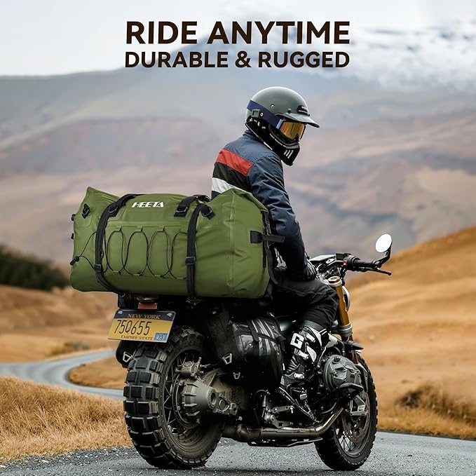HEETA Waterproof Duffel Bag Motorcycle Dry Bag (Green 60L) Bundled with Self Inflating Sleeping Pad with Electric Pump, 4" Ultra Thick Memory Foam Camping Mattress