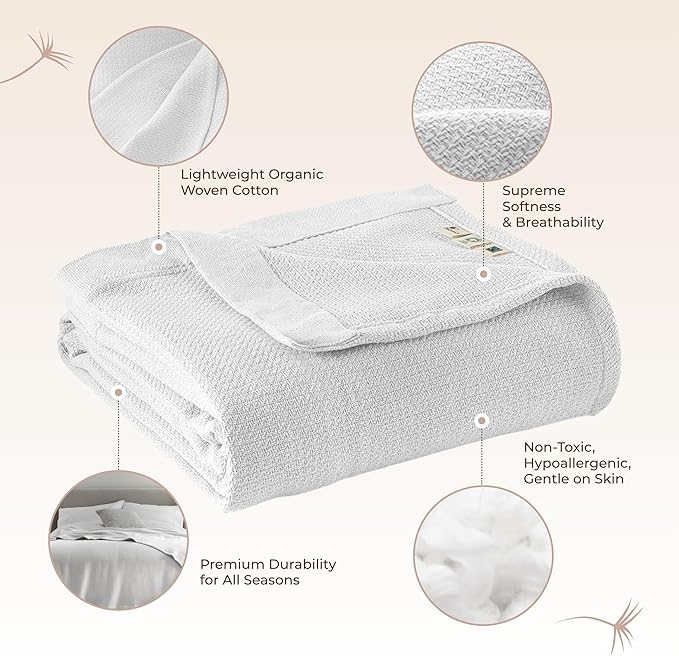 100% Organic Cotton Blanket - GOTS & Fairtrade Certified Organic Cotton Throw Blanket for Bed with Soft Warm & Breathable Single Knit Weave - Great as Bedspread or Coverlet (White, Twin)
