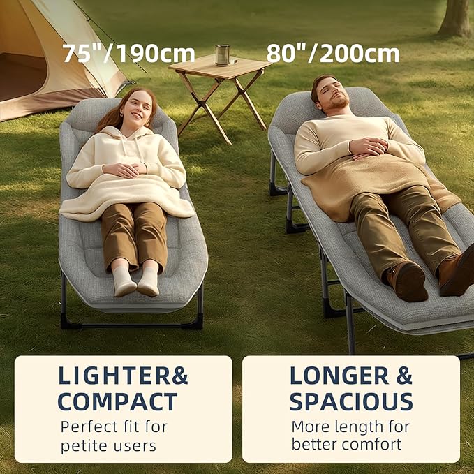 Chaise Lounge Chair, Folding Cot, 6-Angle Adjustable Camping Cot with Mattress for Patio and Beach, Foldable Bed Portable Heavy Duty Lay Flat Reclining with Pillow (Grey, L - 75'')