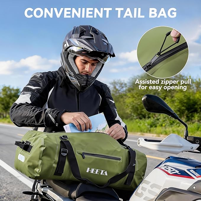 HEETA Waterproof Motorcycle Dry Bag, Waterproof Duffel Luggage Travel Bags with Zippered Closure & Pocket, Shoulder Straps, Large Space for Motorcycling Camping Commuting Boating (Green, 70L)