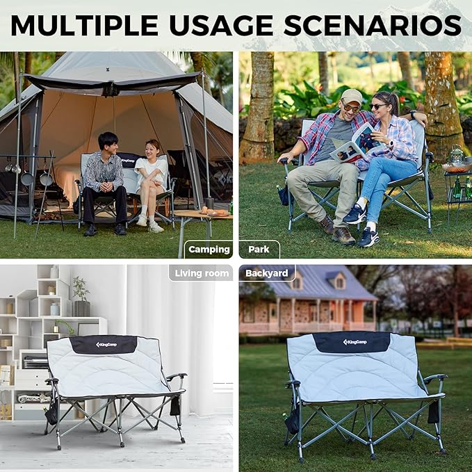 KingCamp Double Camping Chair for Adults, Oversized 2-Person Portable Folding Chair 600 lbs Heavy Duty Outdoor Loveseat with Armrest Cup Holders, Padded Seat and Back for Camping Picnic Patio