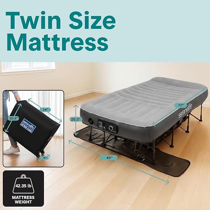 SereneLife (Twin) EZ Bed Luxe Air Mattress with Frame and Rolling Case - Luxury Series with Bonus Memory Foam Cover, Constant Comfort Pressure Maintaining Pump, Built-in Headrest, Wall Plug AC