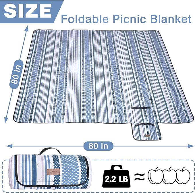 Oversized Waterproof Picnic Mat, Suitable for Camping, Outdoor, Beach, Party and Concert. (Dark Blue & Light Blue, 80" * 80")