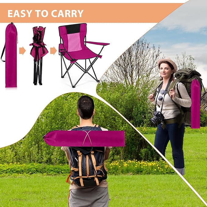 Shellwei 2 PCS Folding Camping Chair with Cupholder and Carry Bag Regular Size Colorful Breathable Portable Lightweight Lawn Chair with Side Pocket for Fishing Hiking Beach Outdoor Activity