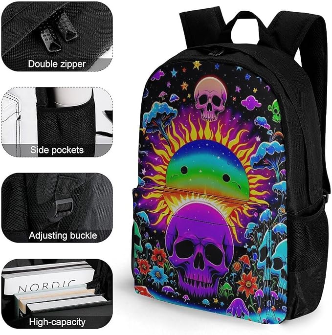 Supdreamc Rucksack Polyester Anti-Theft Multipurpose Psychedelic Skull Sun And Moon Neon Art Carry On Bag Large Capacity Travel and Sport Backpack Rucksack With Smooth Zippers