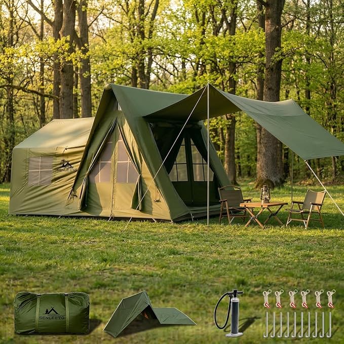 8/10/12 Person Large Inflatable Tents for Camping, 4 Season Blow Up Tents with Canopy/Rainfly, Luxury Inflatable Tent House with Stove Jack, Easy Setup Inflatable Camping Tent.