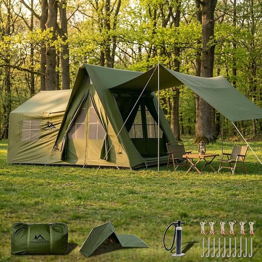 8/10/12 Person Large Inflatable Tents for Camping, 4 Season Blow Up Tents with Canopy/Rainfly, Luxury Inflatable Tent House with Stove Jack, Easy Setup Inflatable Camping Tent.