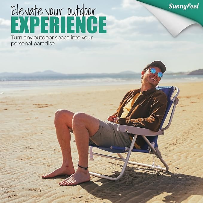 SUNNYFEEL Extra Wide Low Beach Chair 2 Pack 5 Position Lay, XL Oversized Portable Folding Camping Chairs with Cup Holder for Outdoor/Sand, Foldable Backpack Beach Chair for Adults Heavy Duty 500 LBS