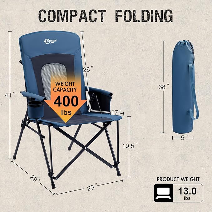 PORTAL Oversized Folding High Back Portable Lawn Chairs for Adults Outdoor Camp Sports Hunting Fishing Backyard with Hard Armrest Cup Holder Carrying Strap, Supports 400LBS, Blue
