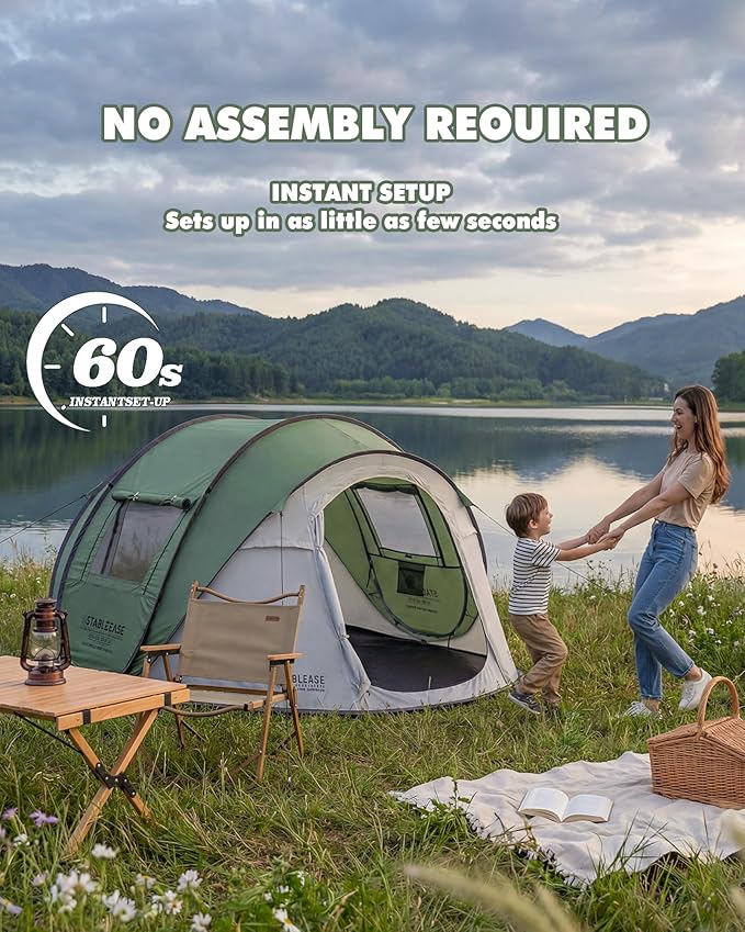 4 Person Instant Pop Up Tent, Automatic Waterproof Windproof Camping Tent with 2 Doors for Outdoor Hiking, Beach & Travel, Portable Family Tent with Carry Bag for Easy Setup