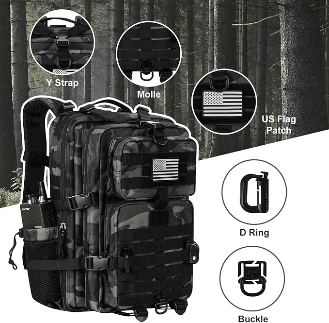 45L MOLLE Assault Pack, Tactical Backpack Military Army Camping Rucksack with Bottle Holder, 3-Day Pack Trip w/USA Flag Patch, D-Rings, Black Camo