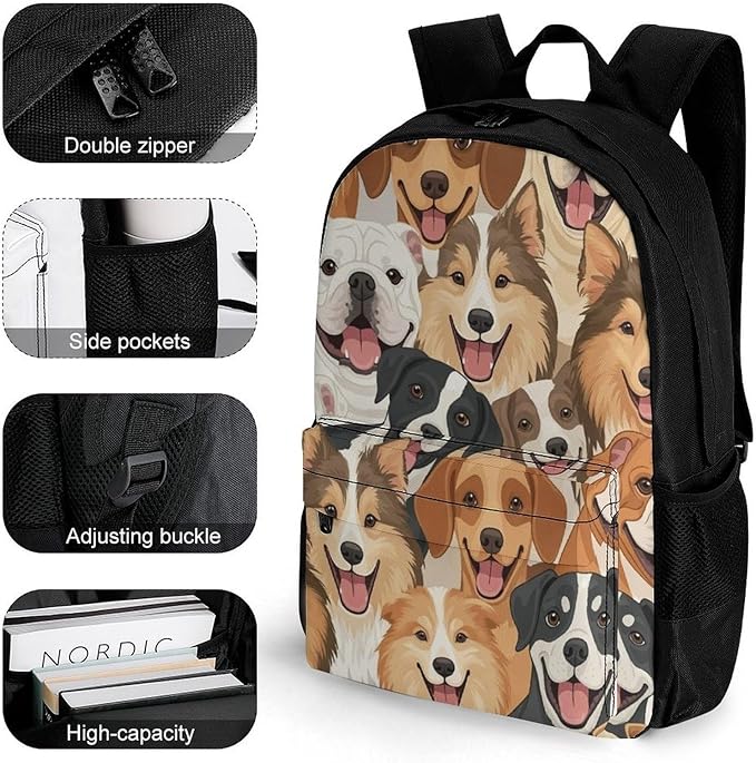 Women Men Polyester Husky Golden Retriever Tibetan Mastiff Dog Painting Casual Daypack Large Capacity Bookbag With Side Pockets for Sports Picnic Walking Cycling