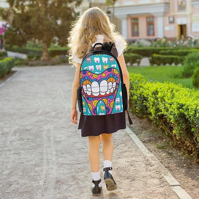 Daypack Bookbag Anti-Theft Multipurpose Large Capacity Bookbag, Funny Teeth Dental Art Travel Hiking Camping Rucksack With Adjustable Shoulder Straps