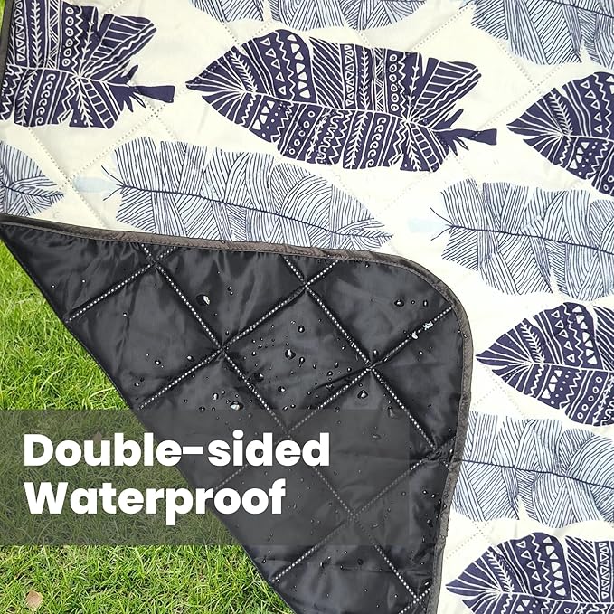 Waterproof Outdoor Blanket, 79" x 55" Large Packable Picnic Blankets, Foldable Picnic Mat for Park, Lawn, Grass, Beach, Concert (Ethnic Feather)