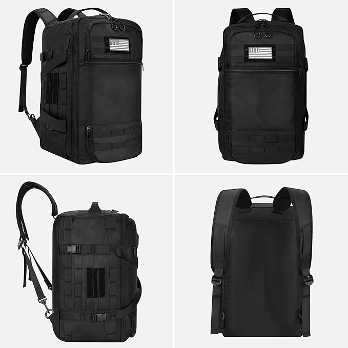 40L Military Tactical Backpack for Men 3 in 1 with MOLLE System Waterproof 600D Black Backpack for Travel Outdoor Sports Camping and Weekend Trips (Black)