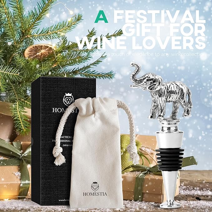 Homestia Wine Stoppers for Wine Bottles, Elephant Wine Beverage Bottle Stopper, Stainless Steel Reusable Wine Corks with Silicone Seal, Bottle Cover Leak proof Keep Fresh