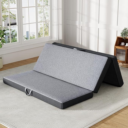 Trifold Mattress Queen Size 4 Inch - Foldable Memory Foam Mattress for Camping, Travel, RV, Guest Bed & Yoga - No Slip Bottom, Washable Cover with Handles - Portable Folding Floor Cushion 78"x58"x4"