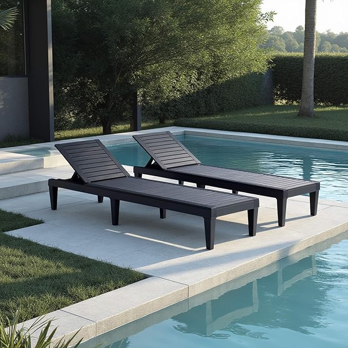 Nestl Patio Chairs - Black Chaise Lounge Chair Outdoor, 5-Position Adjustable Sun Tanning Chair, Waterproof Pool Lounge Chairs Set of 2, Reclining Lawn Chair, Lightweight Outdoor Lounge Chairs