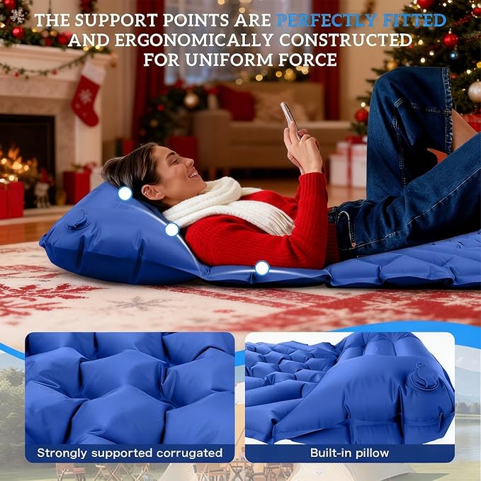 Camping Sleeping Pad, Inflatable Ultralight Camping Mat with Pillow, Built-in Foot Pump Air Mat for Traveling Tent Camping Hiking Backpacking (Blue)