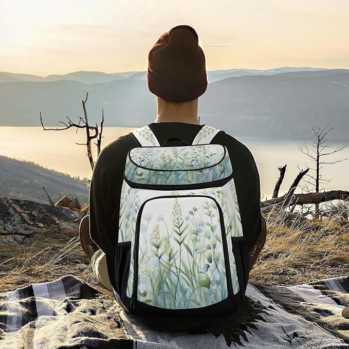 YETTASBIN Leakproof 36 Cans Cooler Backpack for Men Women - Green Wildflower Insulated Backpack Cooler Large Capacity Waterproof Lunch Bag for Hiking, Camping, Beach, Fishing, Work