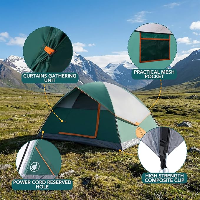 OLIXIS Camping Tent 2/4 Person, Waterproof Windproof Dome Tent with Multi-Directional Ventilation, Quick 5 Min Setup for Family Outdoor, Backpacking, Hiking