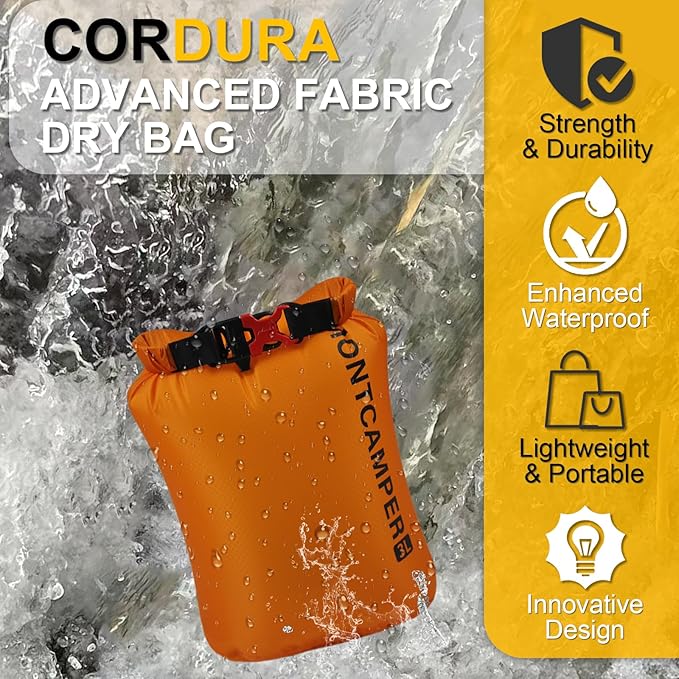 CORDURA Waterproof Dry Bag 3L – Heavy Duty IPX6 Roll Top Sack with Survival Whistle for Kayaking, Camping, Boating, Beach – Lightweight Dry Backpack (Orange)