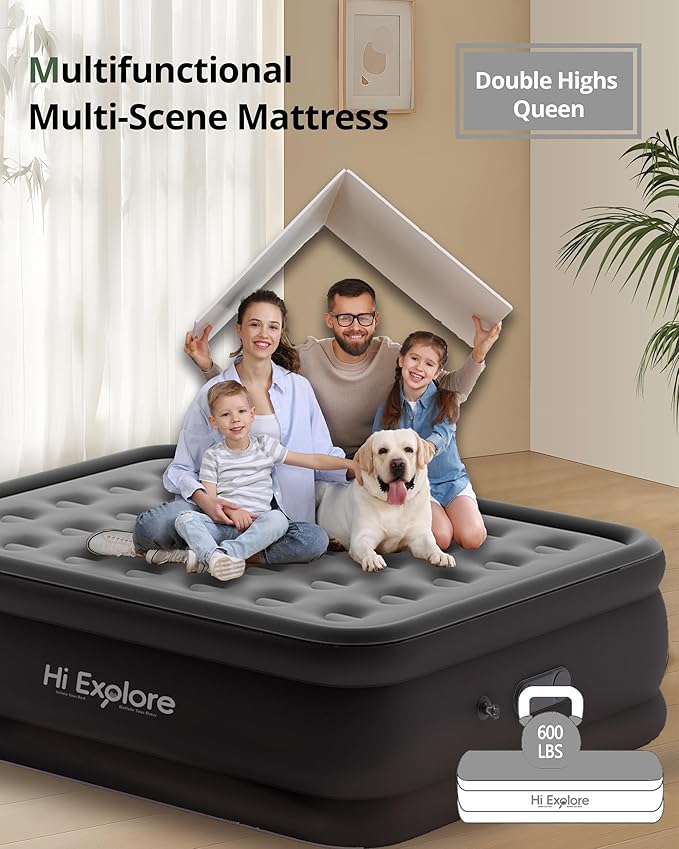 Queen Air Mattress with Built in Pump Raised,Comfort Plush-Inflatable Blow Up Mattress, Portable Double Air Bed for Home, Guests, Camping (Grey, 18” Height)