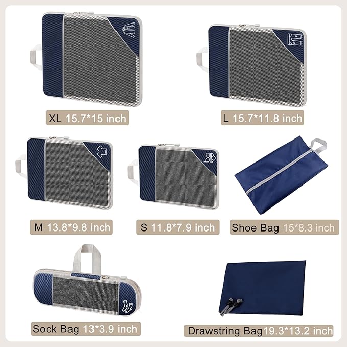 7 Set Compression Packing Cubes for Travel Women Men Kids Carry on, See-Through Mesh Packing Bags for Luggage, Expandable Travel Packing Organizers Bag for Suitcases Storage Sets (Navy Blue)