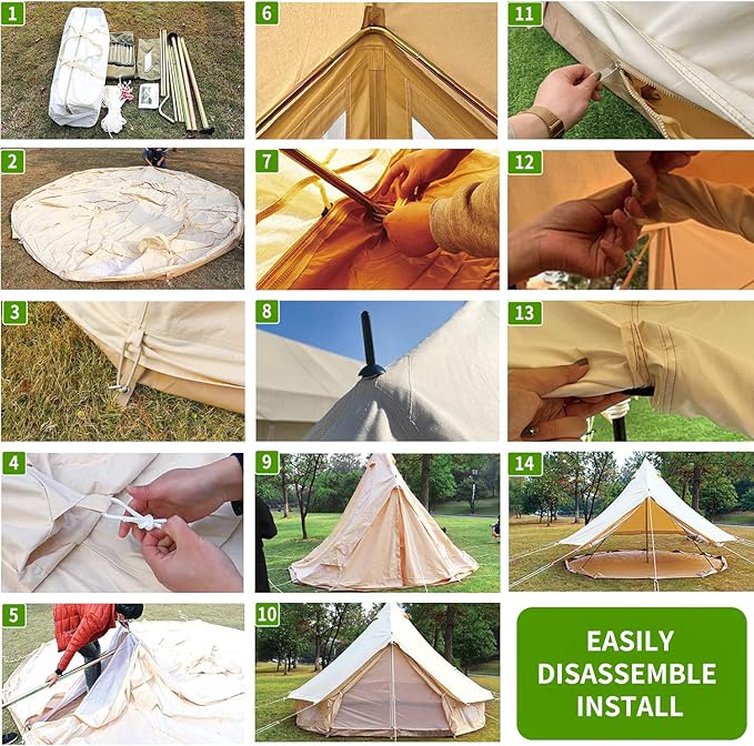Cotton Canvas Bell Tent, Luxury Glamping Tent, Yurt Tents for for All Year Living, Waterproof Bell Tent for 4/8/10/12 Person Family Camping Outdoor Hunting Christmas Party in 4 Seasons 13.1Ft/4M