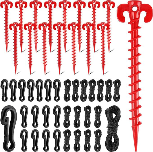 48 Pieces Plastic Inflatable Stakes Set Plastic Tent Stakes with Hooks & Ropes Camping Stakes Duty Tent Pegs for Halloween Christmas Yard Inflatables Sturdy Tent Canopy Stake (red)