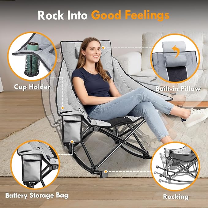 Slendor Heated Rocking Camping Chair with Padded & Pillow, 2000mAh Power Bank, 3 Adjustable Heat Settings, Oversized Camping Chair for Easy Setup and Foldable Storage, Gray