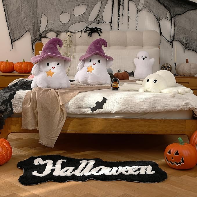 YRXRUS Ghost Pillows, Halloween Ghost Shaped Throw Pillows, Boo Purple Witch Hat Pillow Halloween Decor Gifts, 13x17 Inches Soft Faux Rabbit Fur Cushion