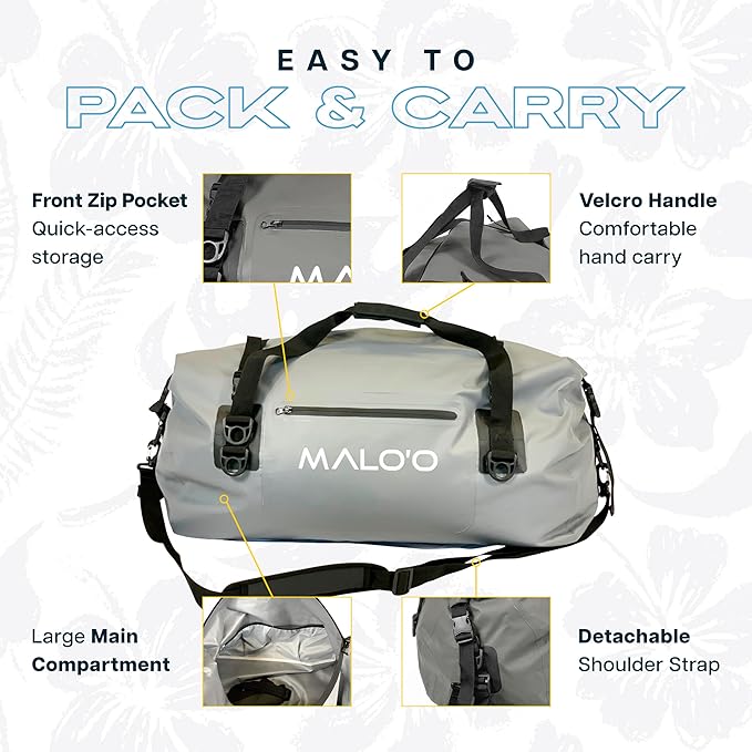Malo’o Waterproof Dry Duffel, Heavy-Duty Roll Top Waterproof Gear Bag with Shoulder Strap & Molle Loops, Marine Duffel for Kayaking, Boating, Camping, Beach & Travel, Grey, 60L