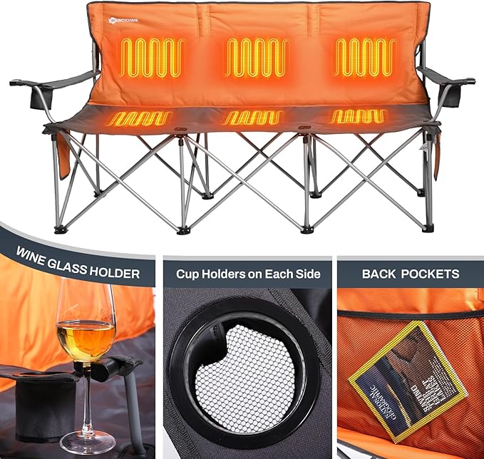 ANTARCTICA GEAR Heated 3-Person Camping Chair with 12V 15000mAh Battery Pack - Heavy-Duty XL Folding Bench for Outdoor, Campsites, Tailgating - Portable Heated Seating with Adjustable Warmth