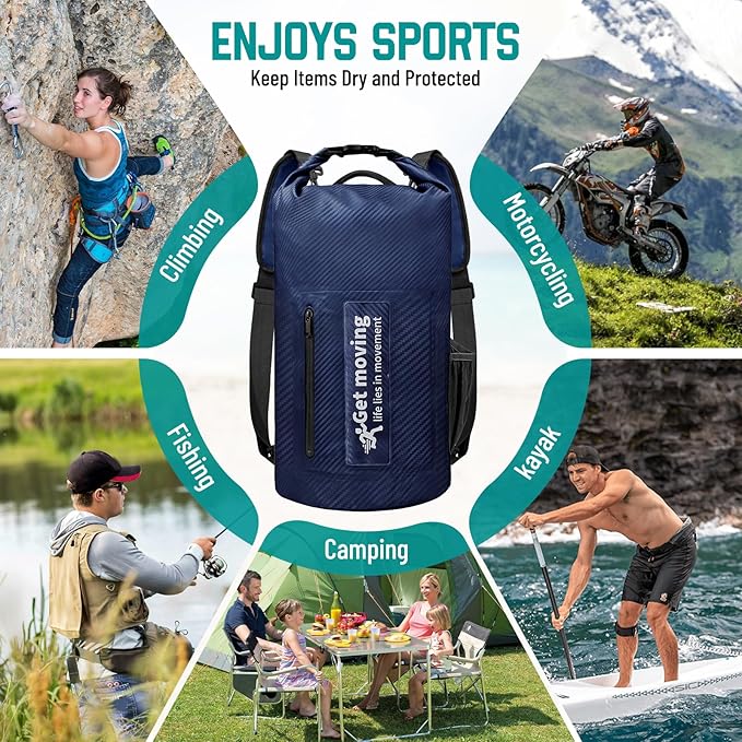 BKNOOU Dry Bag Waterproof for Women Men, 10L/20L Roll Top Lightweight Dry Storage Bag Backpack for Travel, Kayaking, Boating, Rafting, Camping, Hiking and Beach, with Phone Case (Navy Blue, 10L)