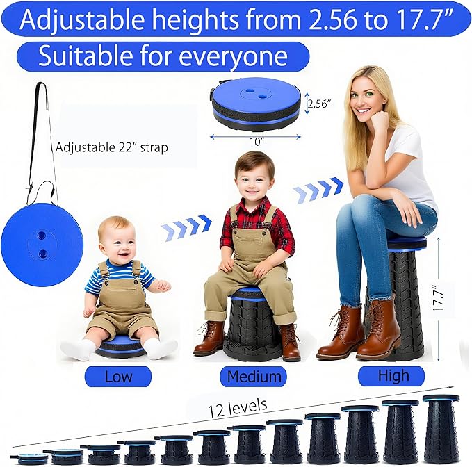 Fishboy Upgraded Collapsible Stool, 400lbs Max Weight, Lightweight But Sturdy, Portable Retractable Folding Telescoping Foldable Camping Stool for Adults Outdoor Fishing Hiking Travel BBQ