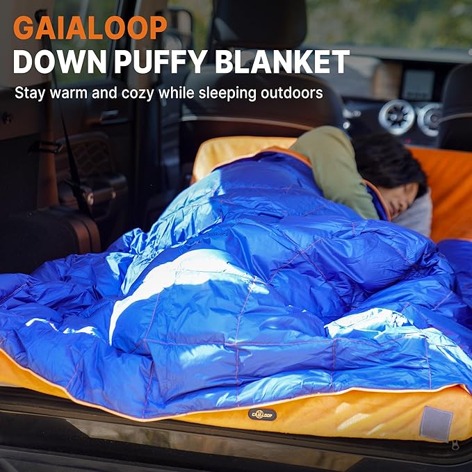 Down Puffy Blanket for 2 Person Car Camping Outdoor Travel Backpacking, 80% Duck Down & 20% Feather Lightweight Portable Soft Warm Cozy Camping Blanket Quilt, Lake Blue