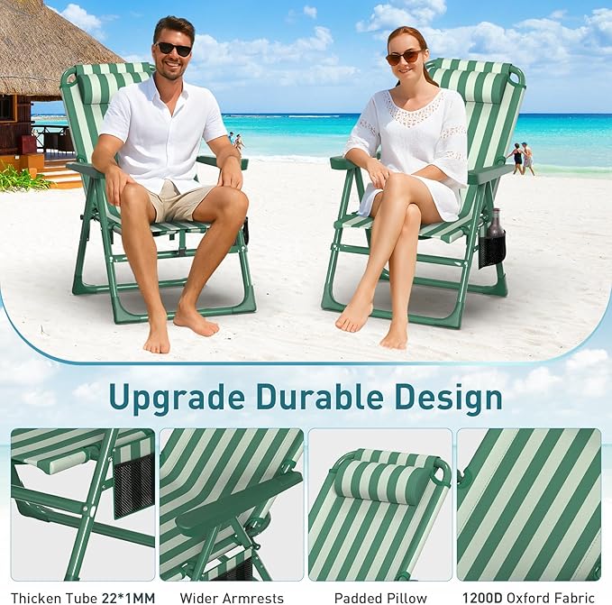 Suteck Backpack Beach Chairs for Adults 2 Pack, 6-Position Folding Reclining Chair with Cooler Bag & Cup Holder, Lightweight Portable Beach Chair for Camping, Outdoor, Sand, Travel Use
