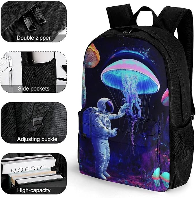 Daypack Backpack Polyester Anti-Theft Multipurpose Underwater Neon Jellyfish Astronauts Mushroom Art Bookbag Big Capacity Travel Hiking Camping Rucksack With Smooth Zippers